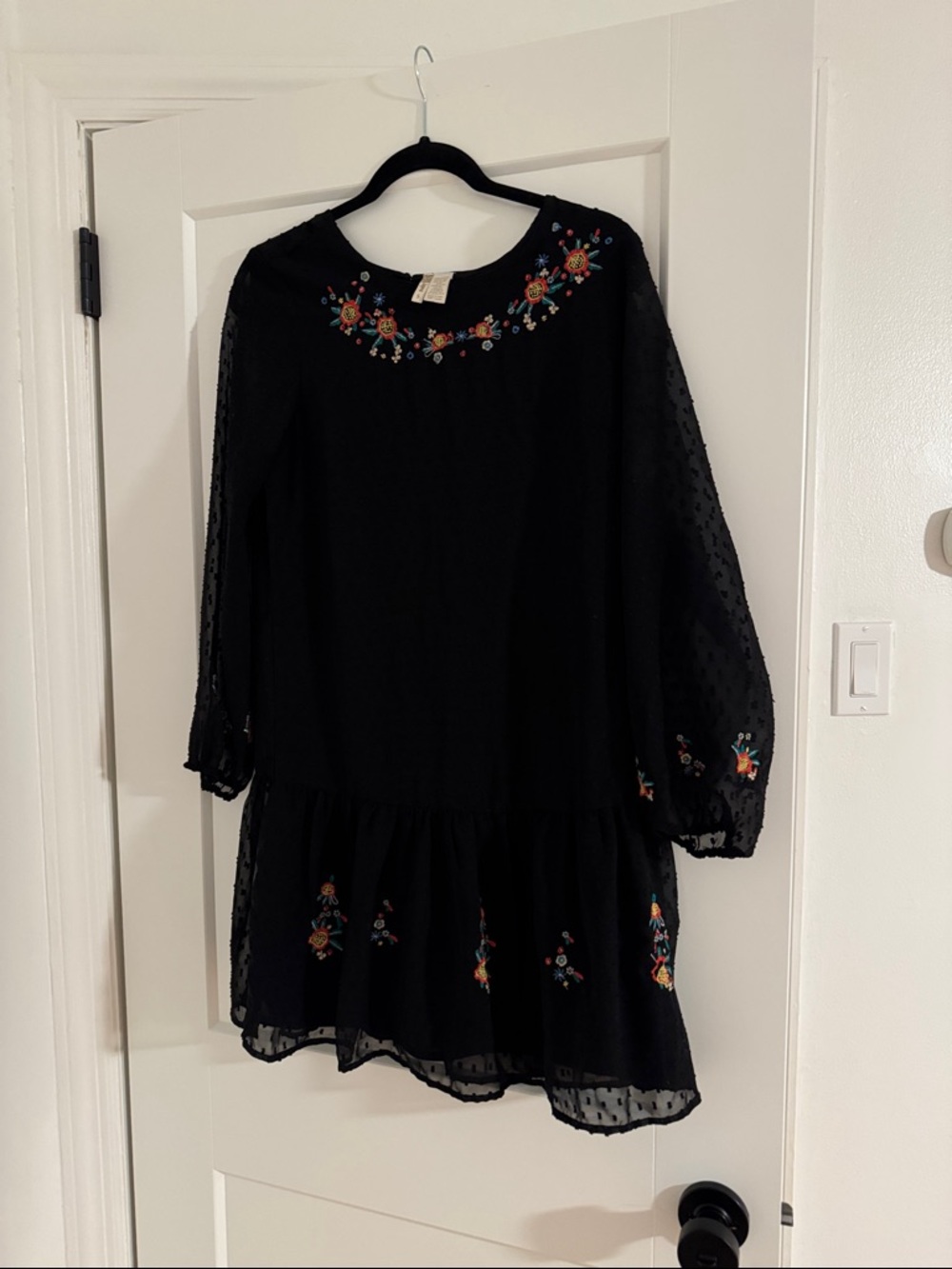 Black Embroidered Long Sleeve Drop-Waist Dress